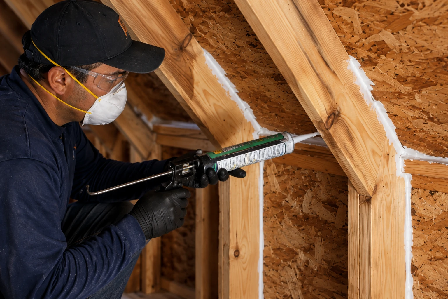 A worker in protective gear applies white sealant along joints between wooden roof framing and sheathing.