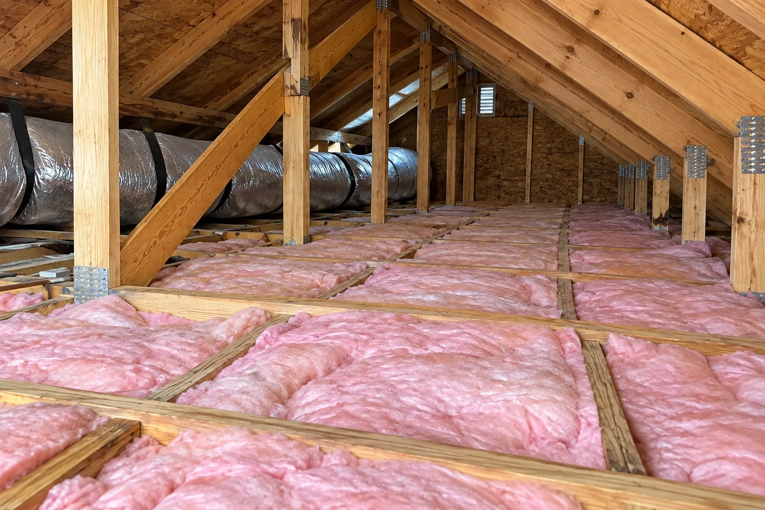 An attic with pink fiberglass insulation between floor joists and exposed rafters, with a large silver duct running along one side.