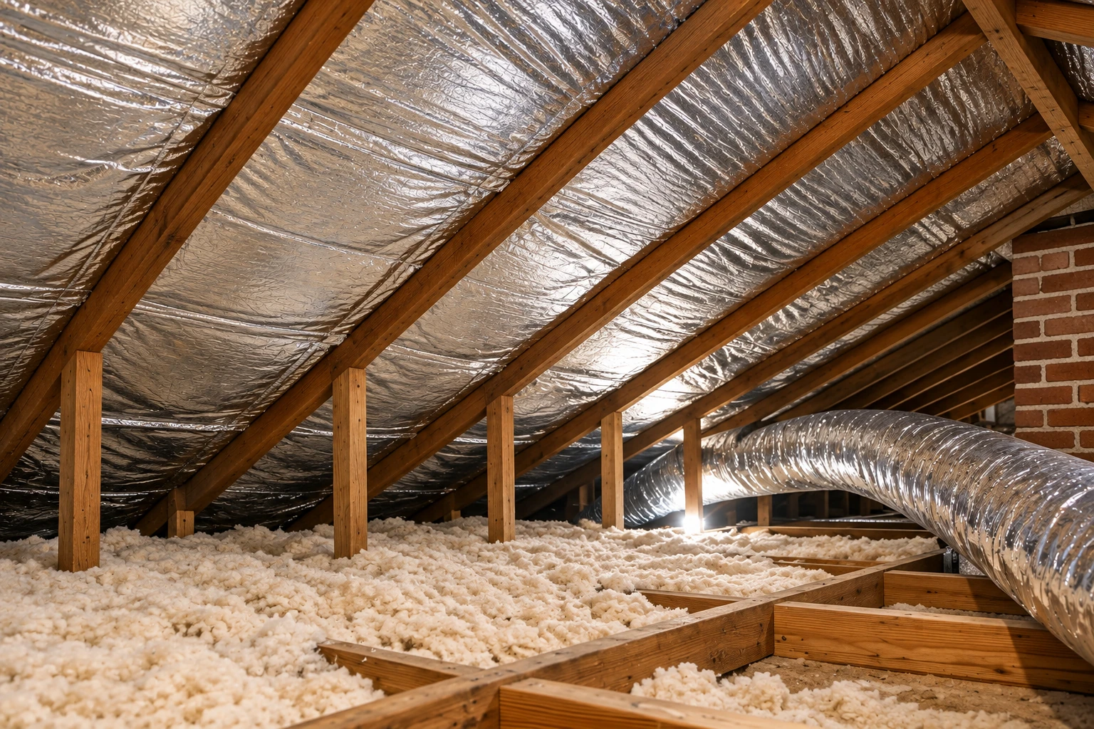 Attic with loose-fill insulation on the floor, reflective foil beneath the roof, and a large flexible duct.