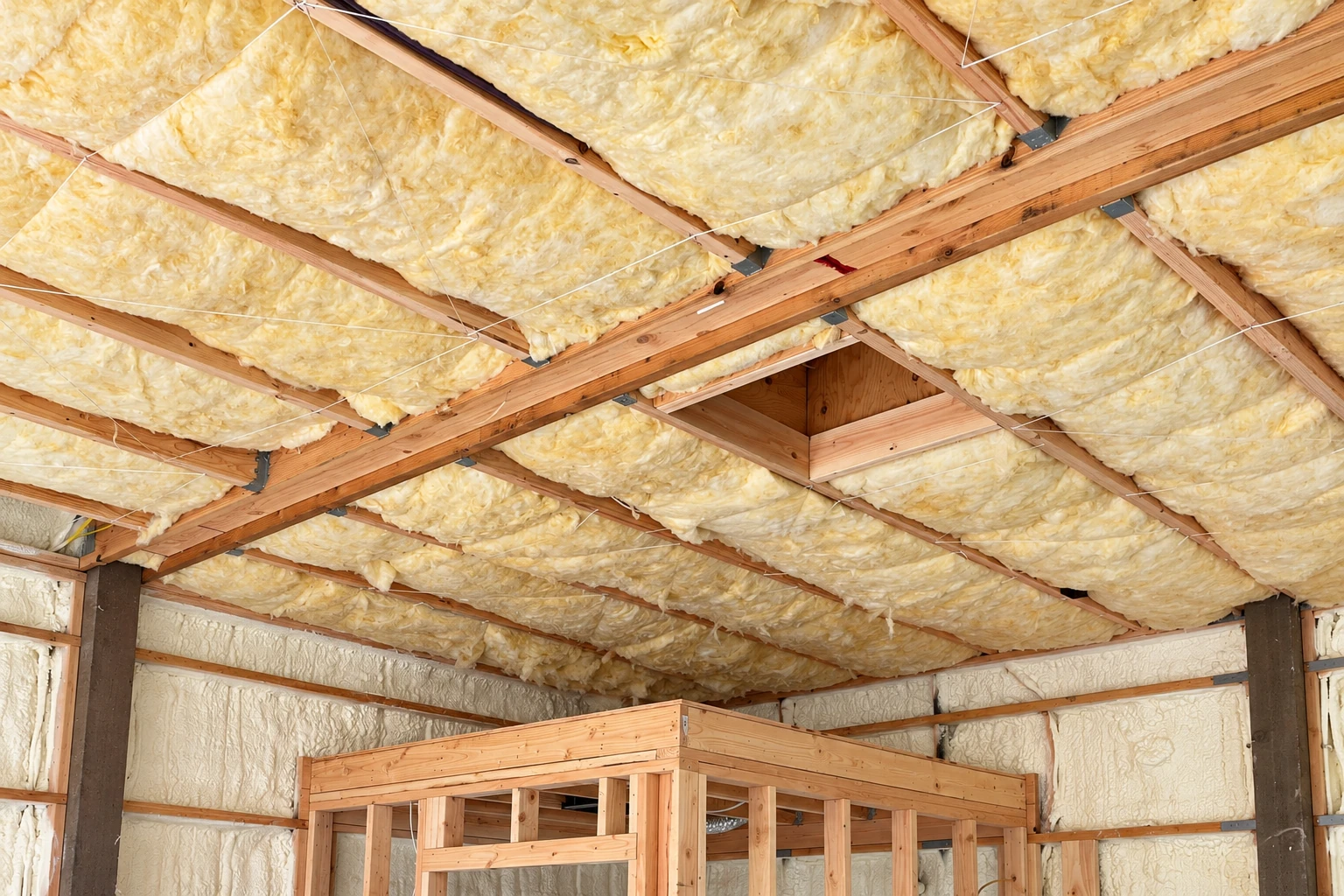 Yellow fiberglass batts fill the roof rafters of an unfinished attic.
