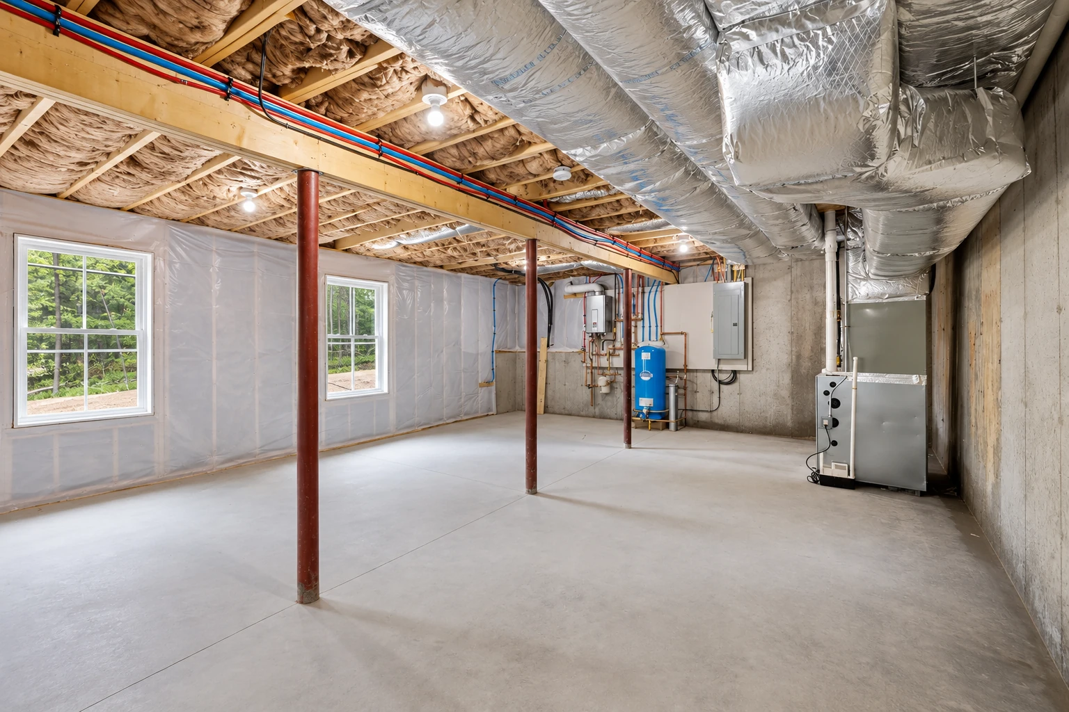An unfinished basement has insulated ceiling joists, exposed ductwork, utility equipment, and plastic-covered walls.