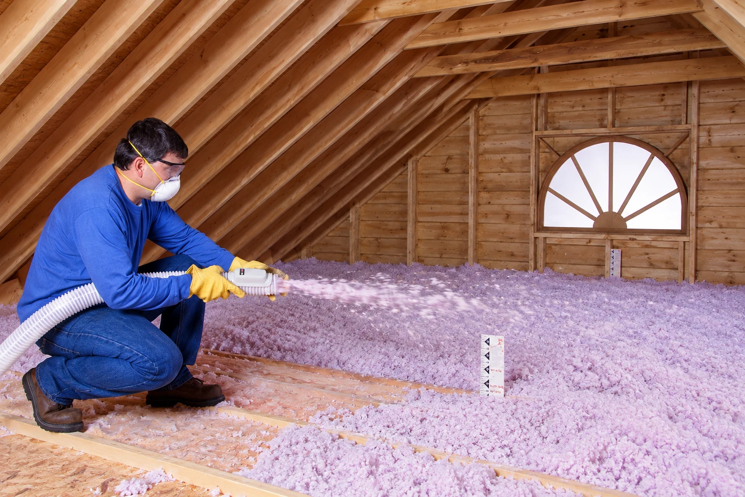 A masked worker sprays loose-fill insulation across an attic floor with a hose.