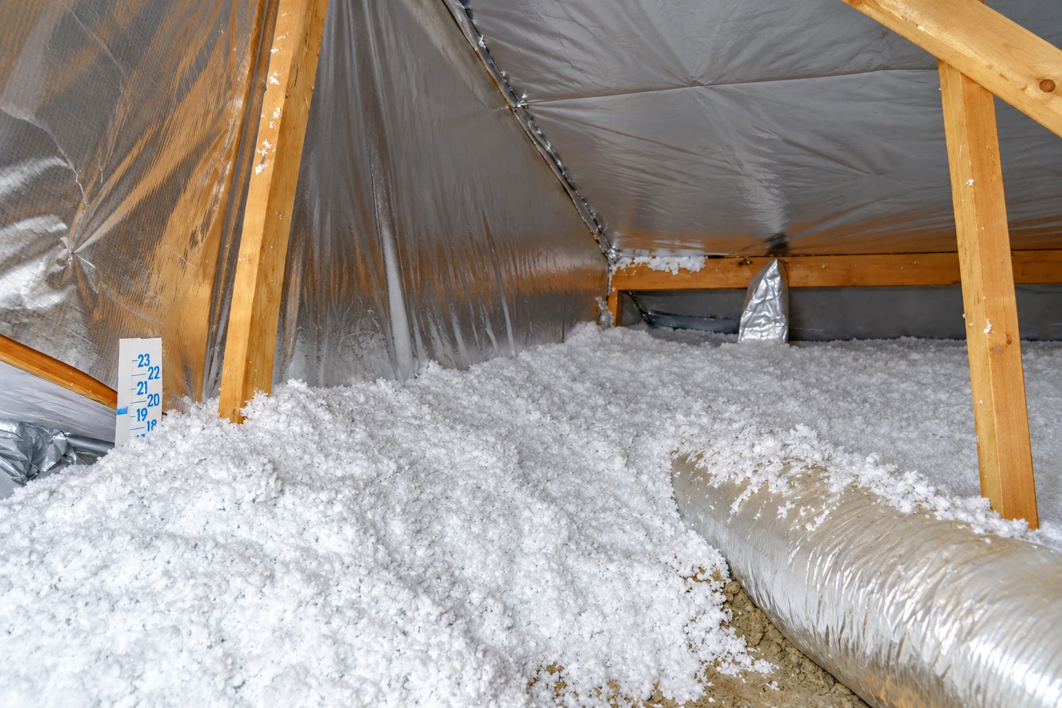 Loose white blown-in insulation covers an attic floor beneath reflective foil and exposed wooden rafters.