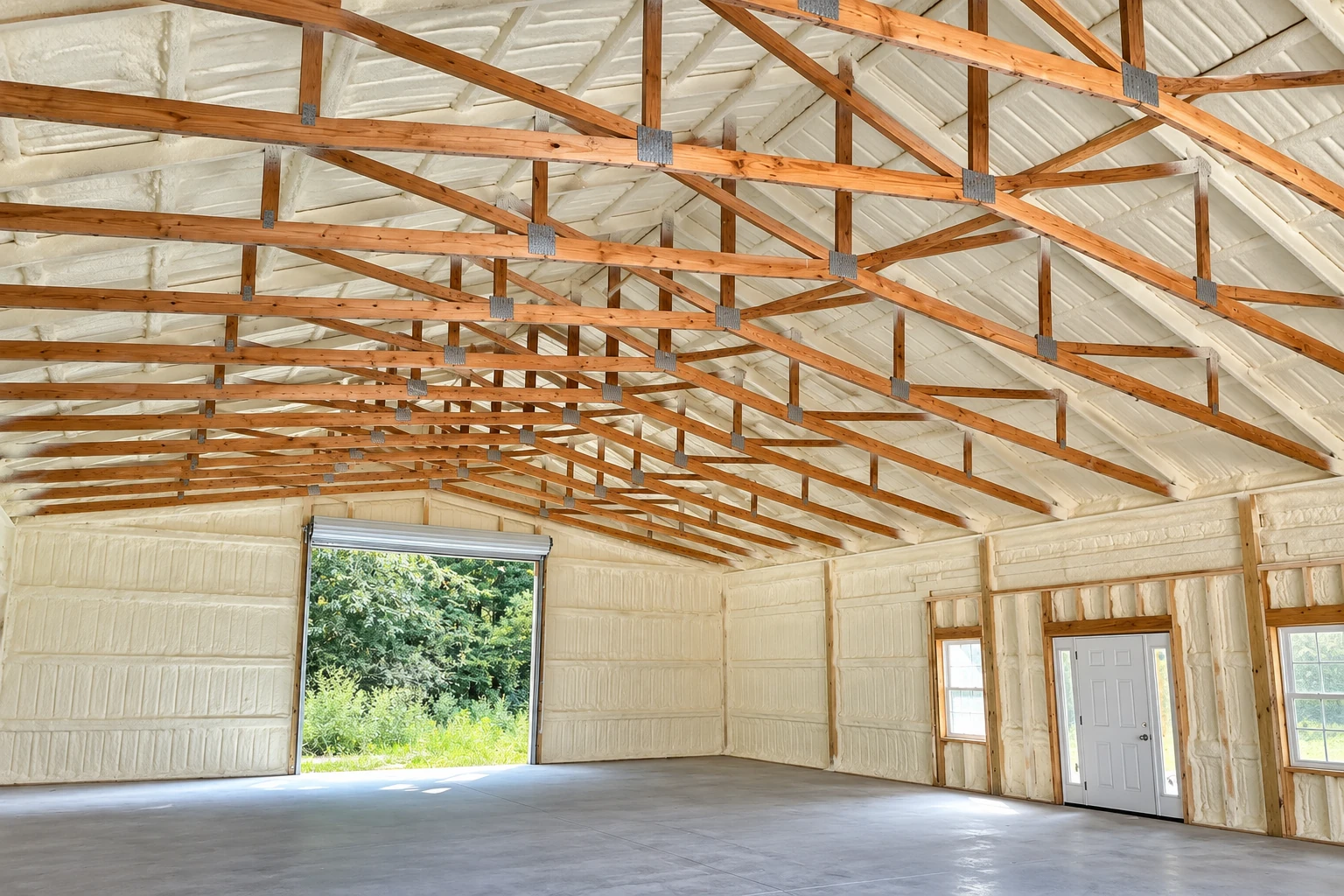 A large unfinished building has white spray foam covering its roof and walls beneath exposed wooden trusses.