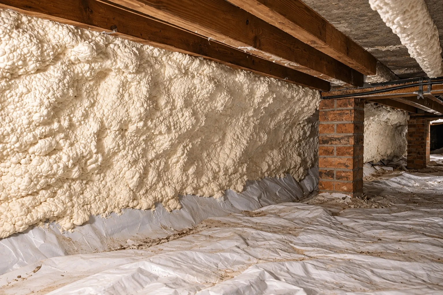 Crawl space wall coated in thick white spray foam above a wrinkled plastic vapor barrier, with exposed beams and brick piers.