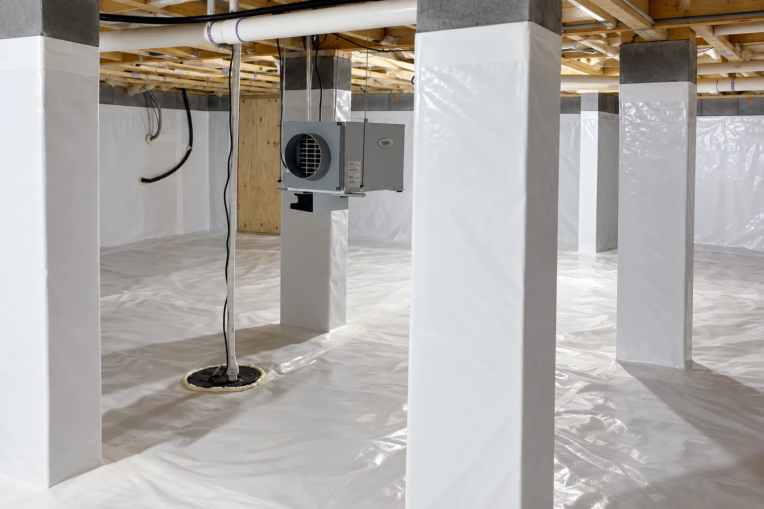 A crawl space with white vapor barrier covering the floor and support columns, surrounding a dehumidifier and plumbing.