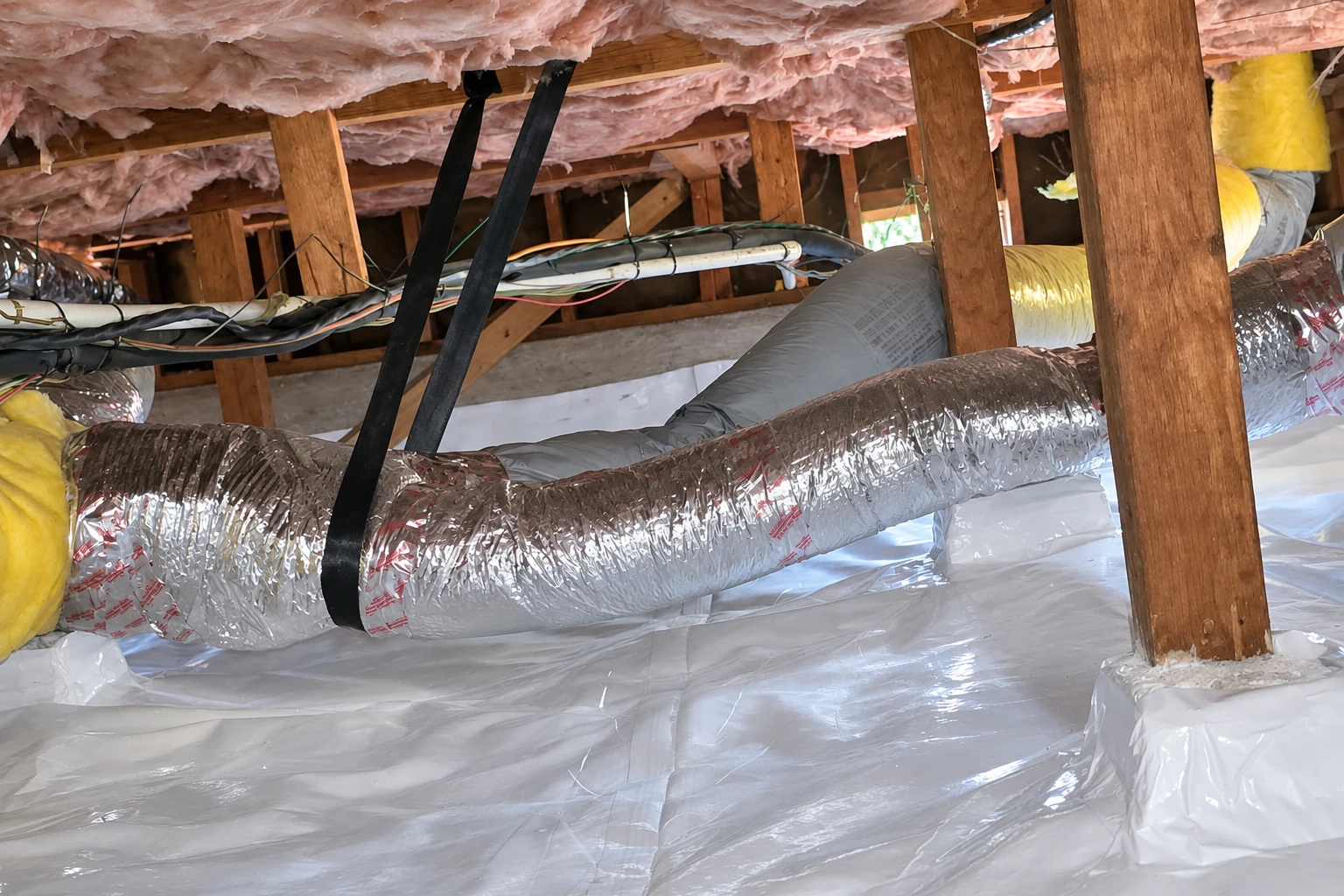 A crawl space has a shiny white vapor barrier covering the ground beneath pink ceiling insulation and silver ductwork.