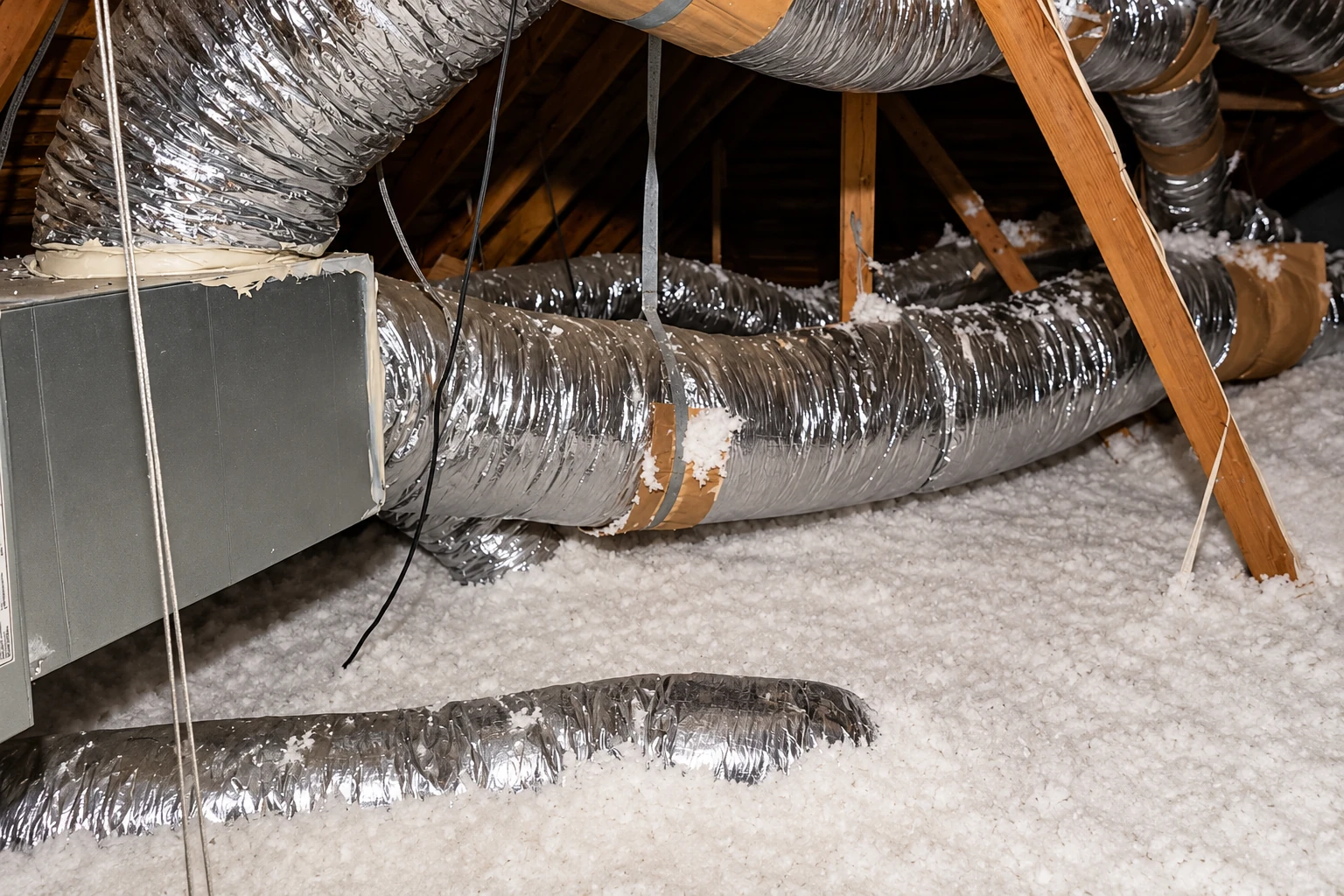 Loose white insulation covers an attic floor beneath reflective metal ducts and wooden rafters.