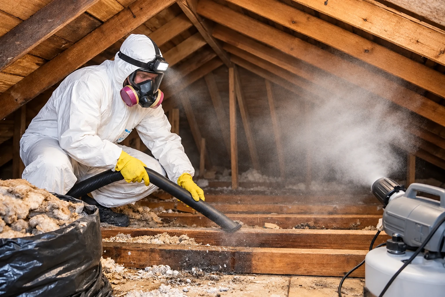 A worker in protective clothing vacuums old insulation from an attic using a large hose.
