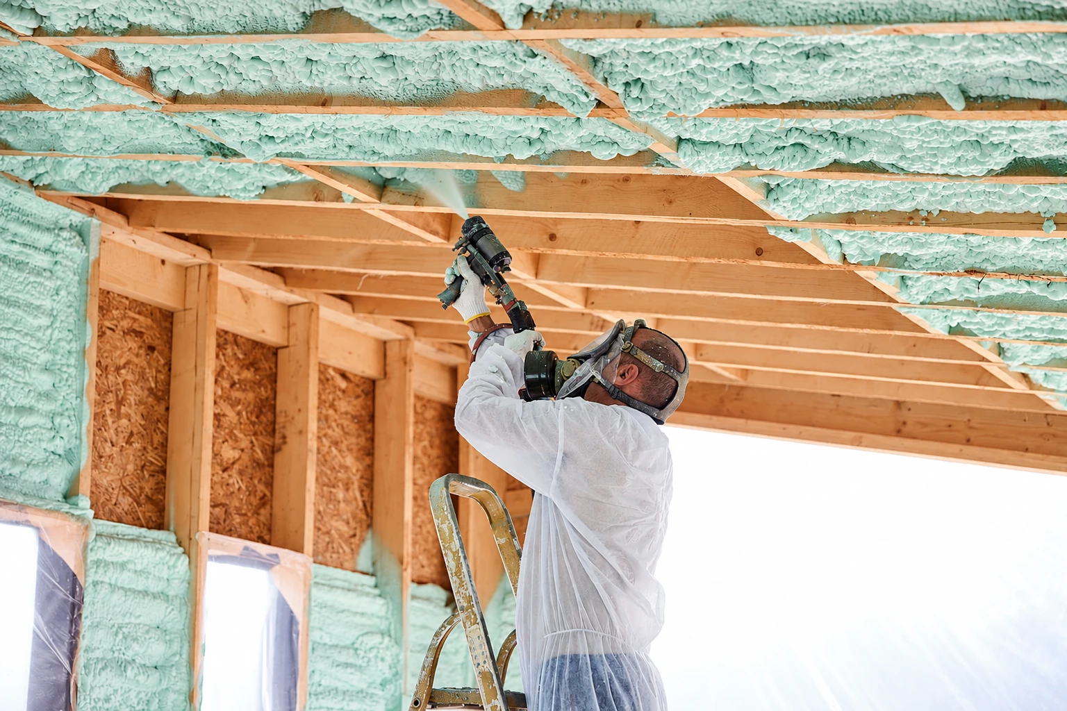 A worker in protective gear sprays pale green open-cell foam insulation onto the underside of roof rafters.