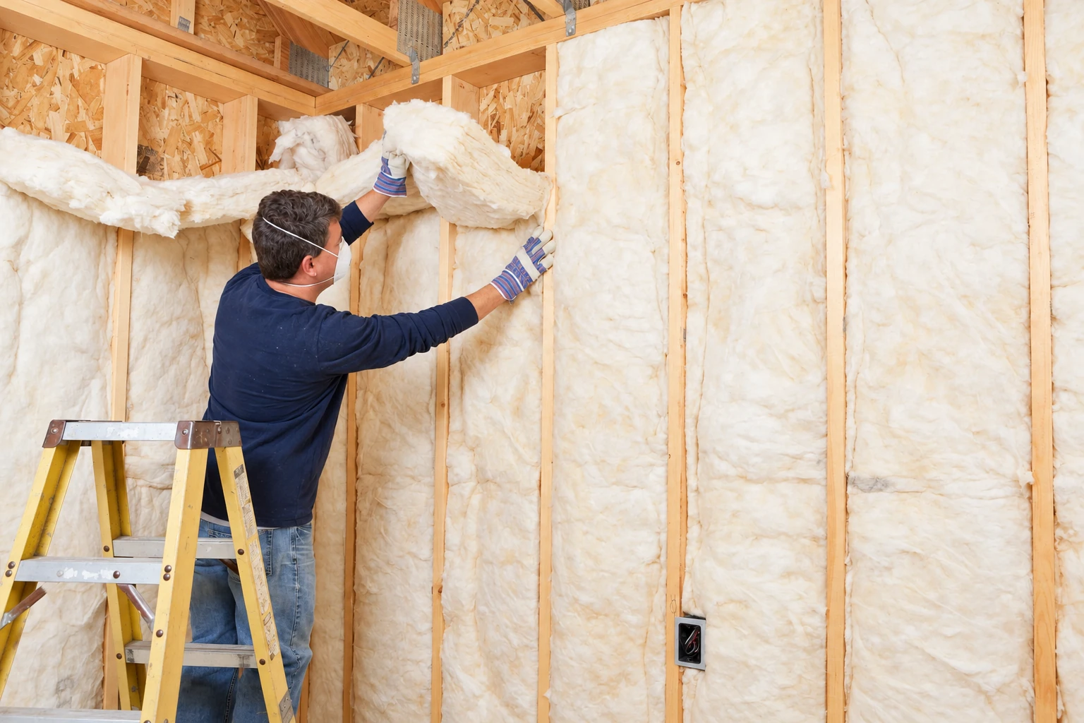A worker fits fluffy fiberglass batts between the wooden studs of an unfinished wall, with a yellow step ladder nearby.