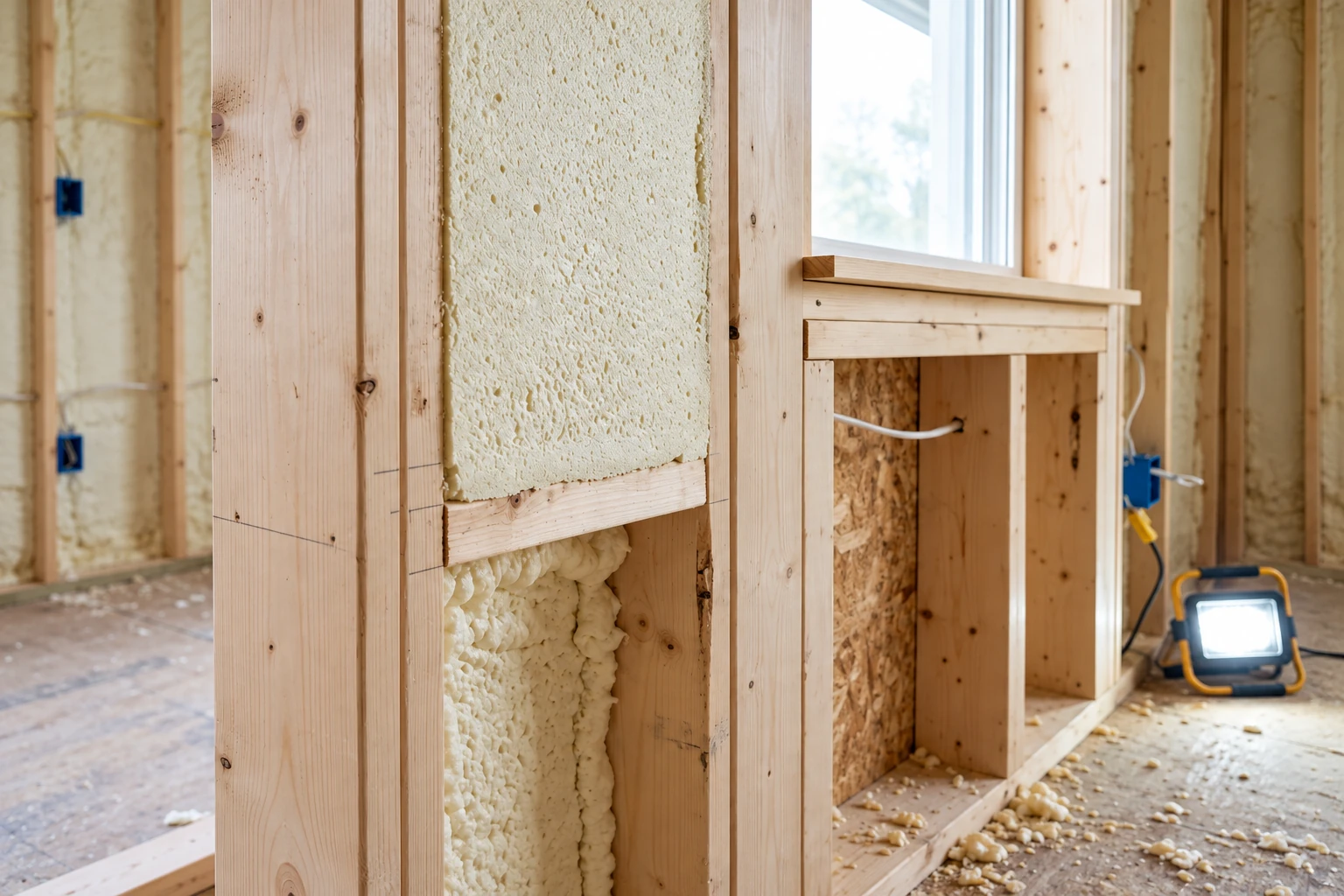 Spray foam fills the open wall framing of a room under construction, with a window and work light nearby.