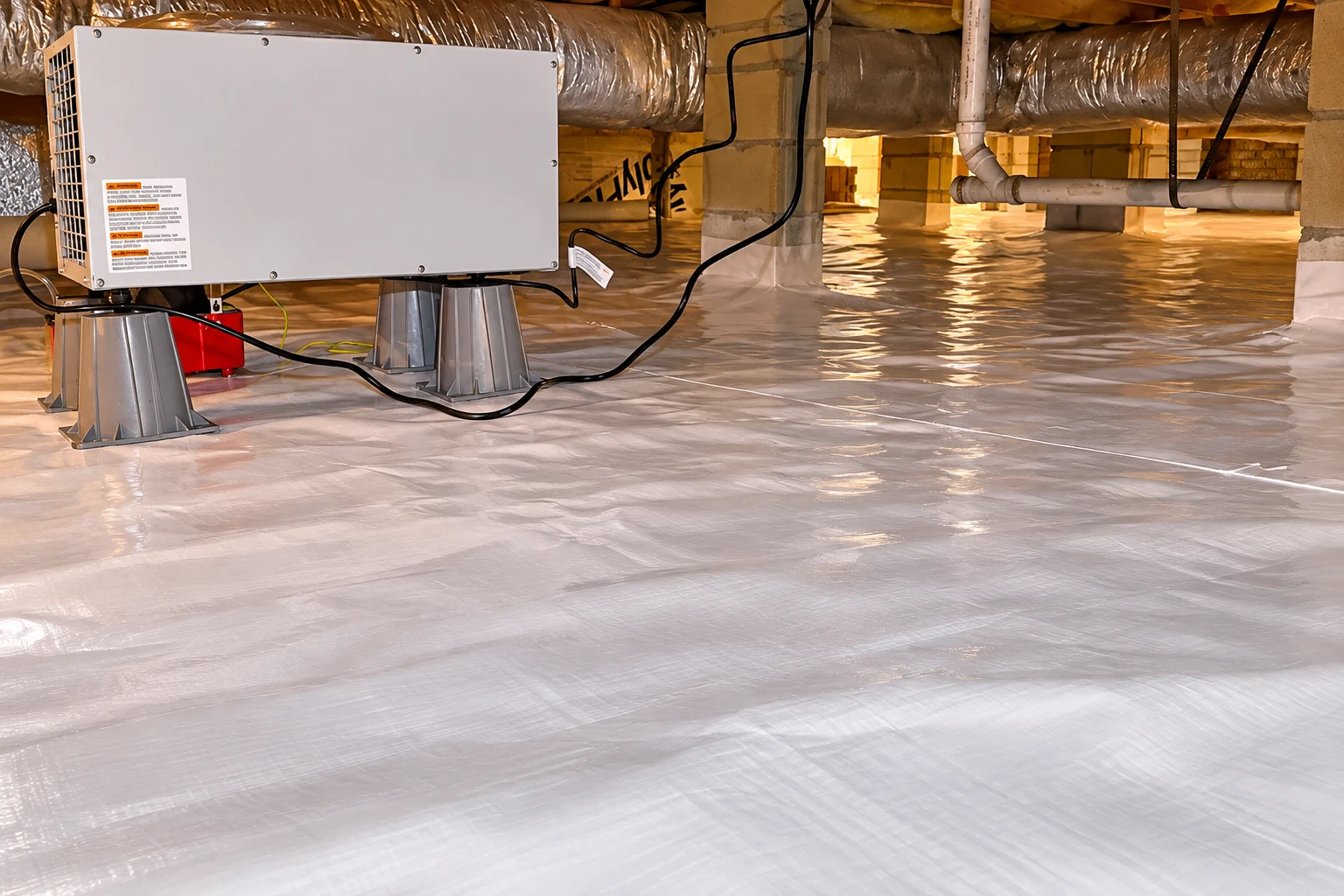 A crawl space with a white vapor barrier across the floor and a large dehumidifier beneath silver ductwork.