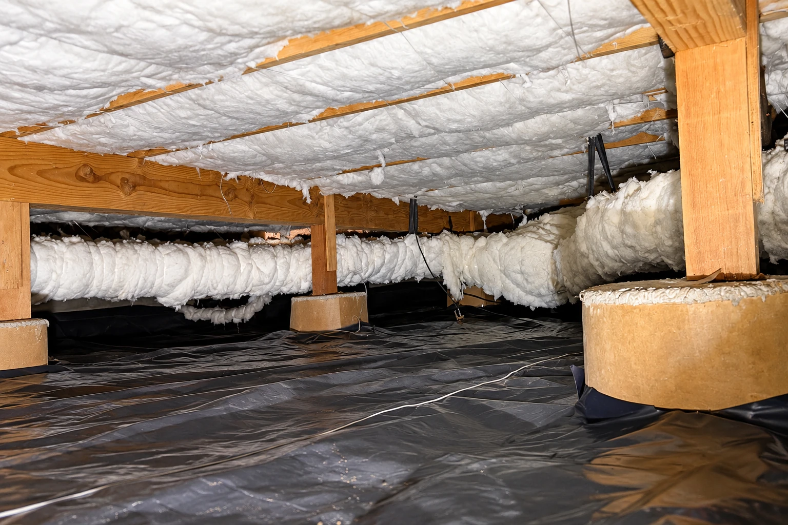 Crawl space with black vapor barrier covering the ground and white insulation around beams and supports.