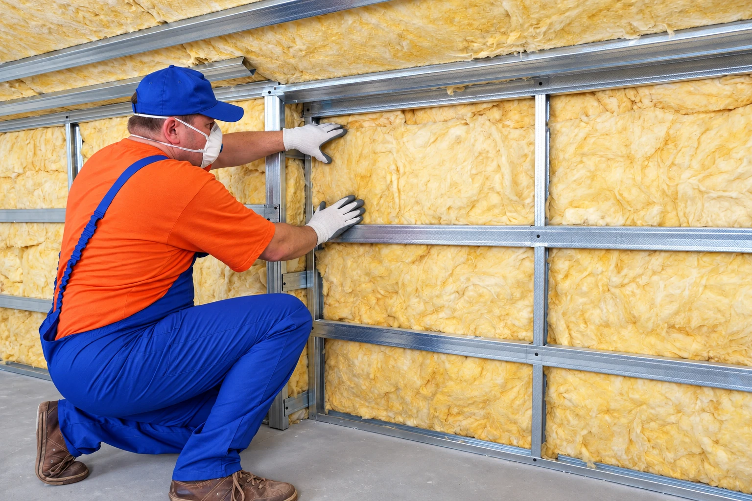 Worker in protective clothing fits yellow fiberglass batts into a metal-framed wall.